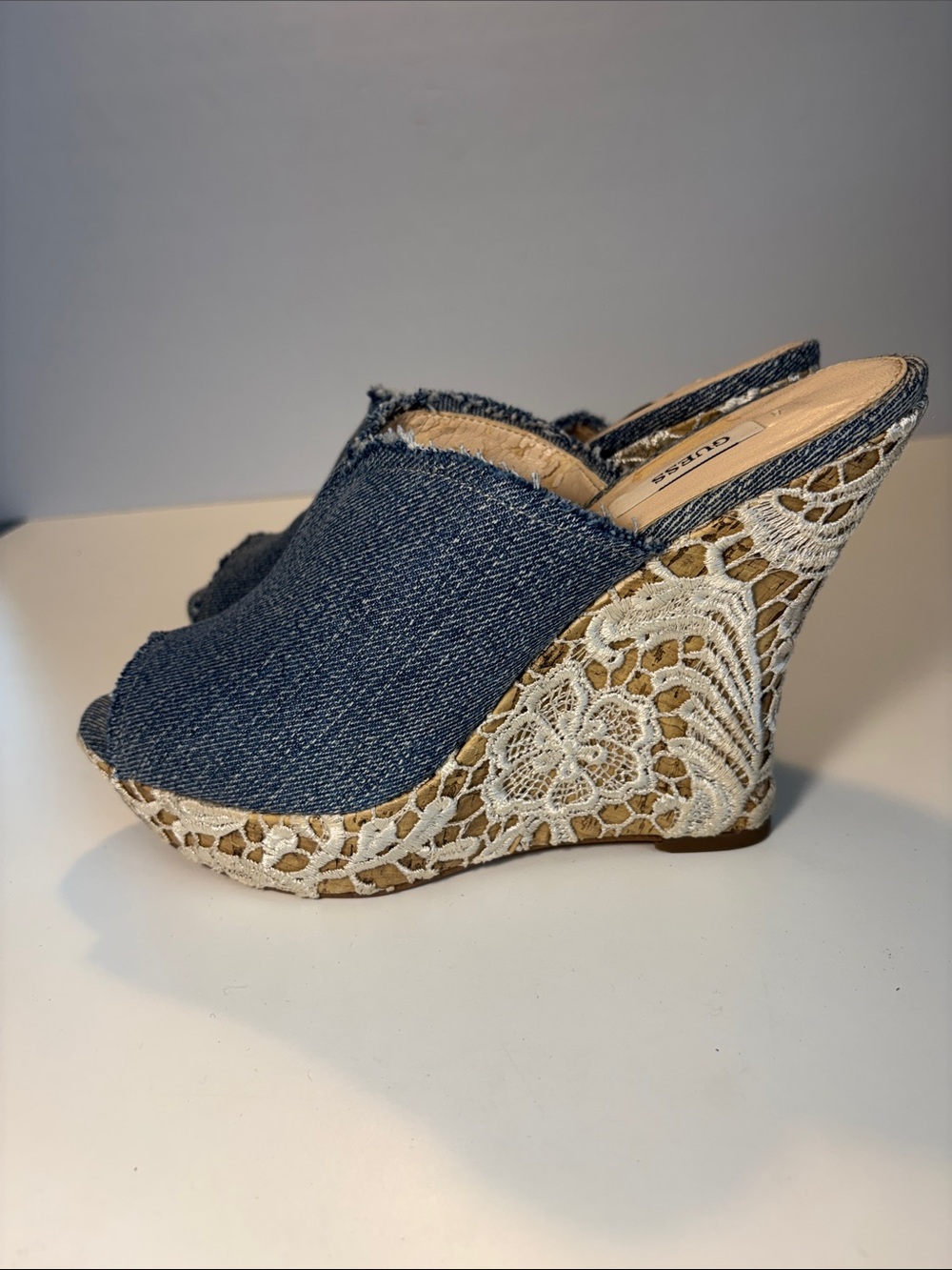 GUESS Denim Peep-Toe Lace-Accented Wedge Mules - Blue & White